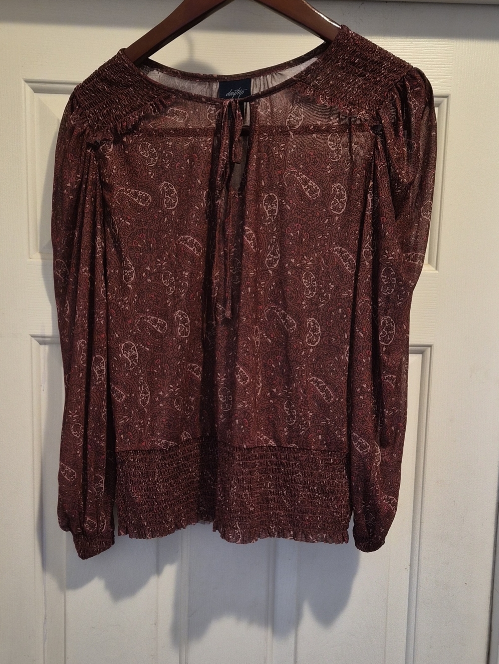 Daytrip Burgundy Paisley Smocked-Neck Long Sleeve Blouse
